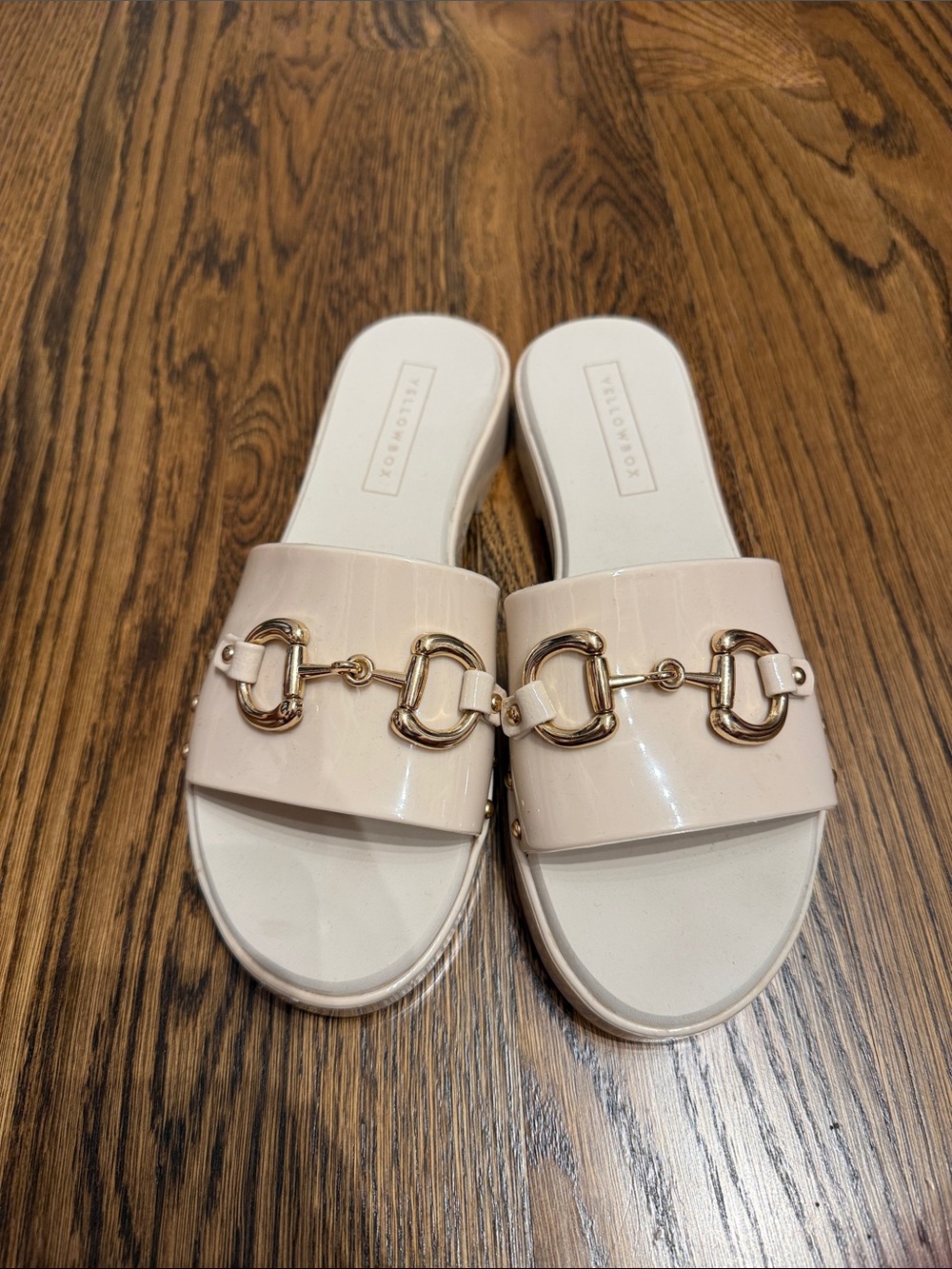Yellow Box Women's Blush Patent Slide Mules with Gold Hardware